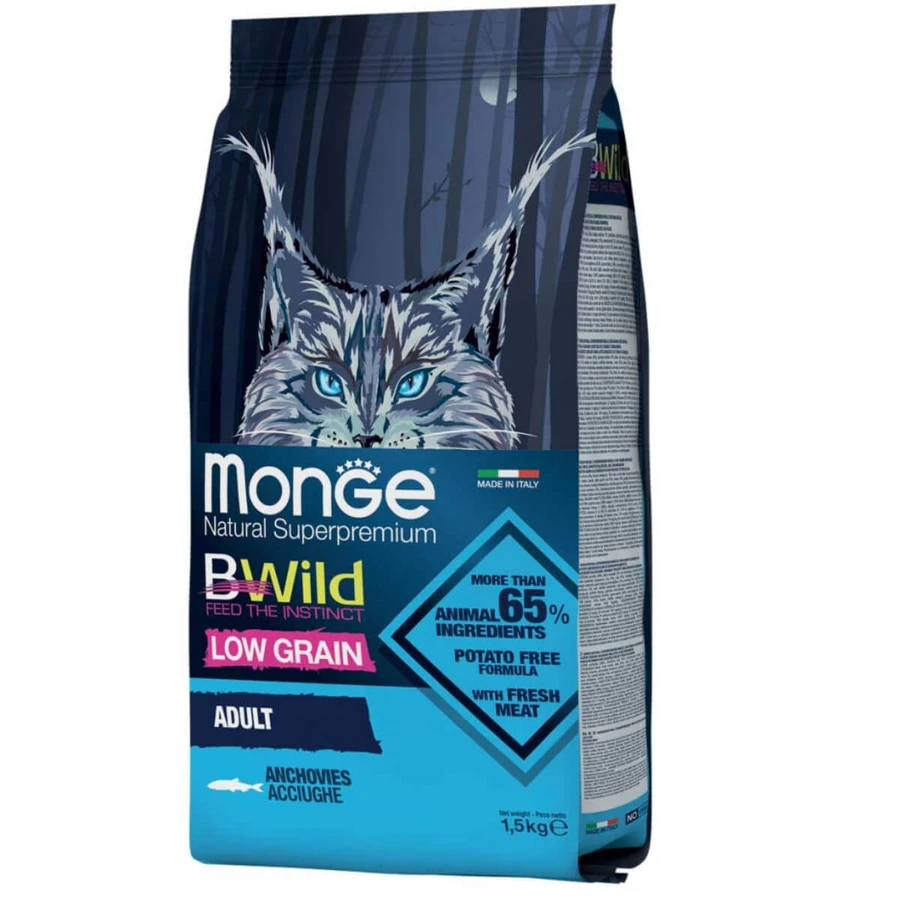 MONGE BWild, Anchovy, droogvoer met laag graangehalte voor katten, 1.5kg