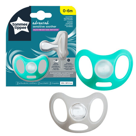 Chupete de silicona sensible, 0-6 meses, Blanco/Turquesa, 2 piezas, Tommee Tippee