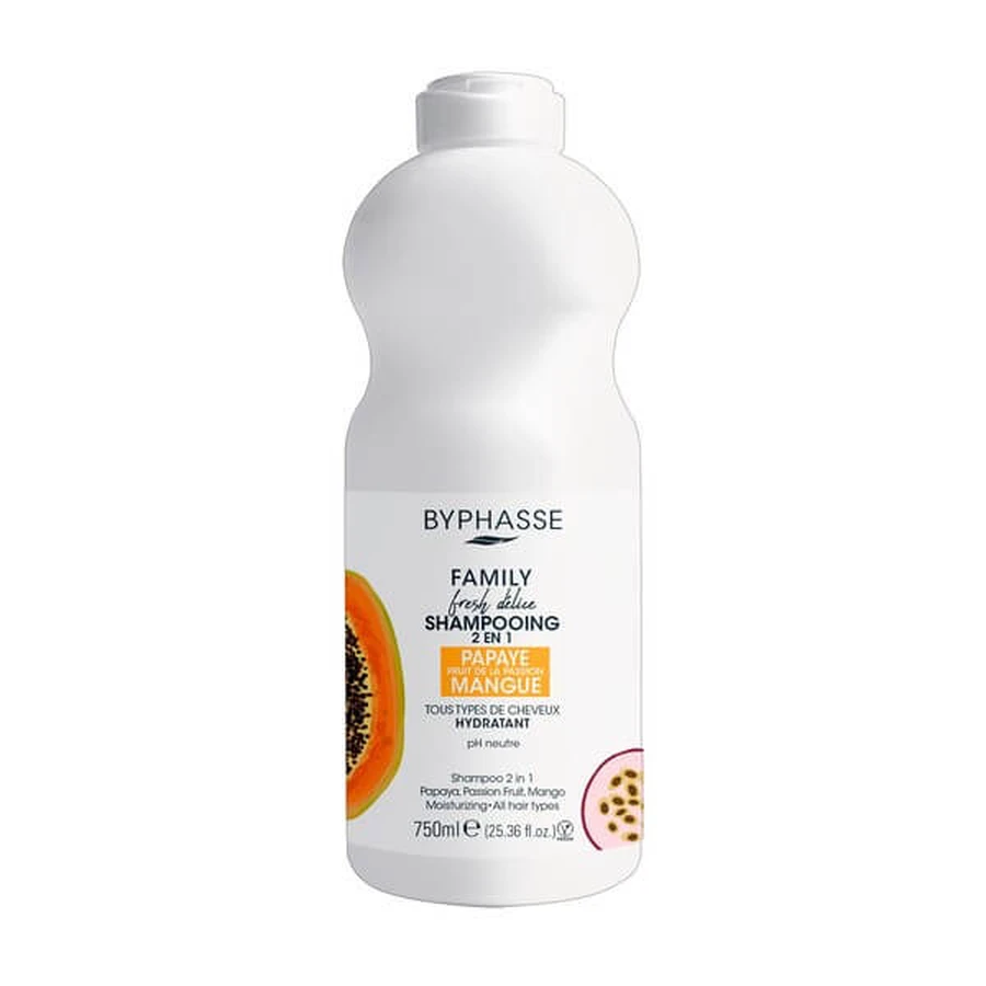Byphasse Family Fresh Delice, șampon nutritiv 2 în 1, papaya, fructul pasiunii, mango, 750 ml