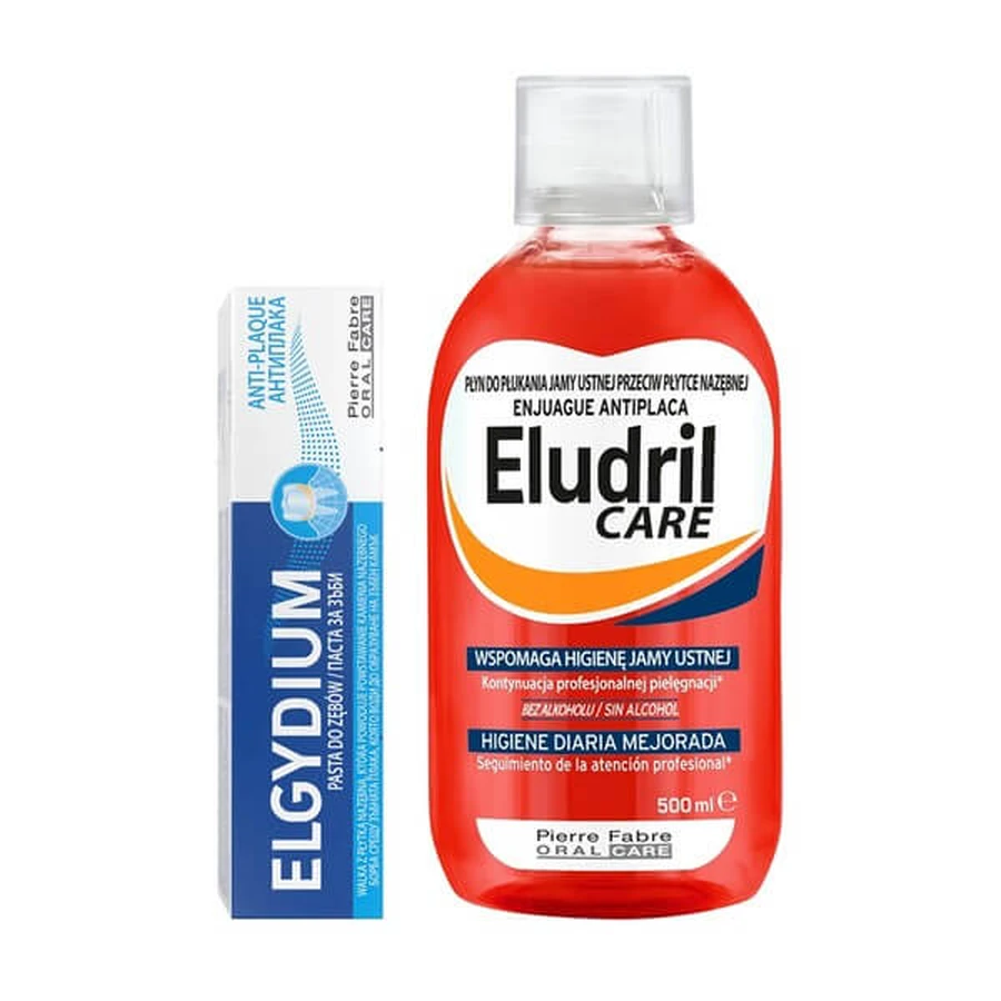 Set Eldril Care, dagelijkse mondhygiëne vloeistof, 500 ml + Elgydium Anti Plaque, tandpasta, 75 ml