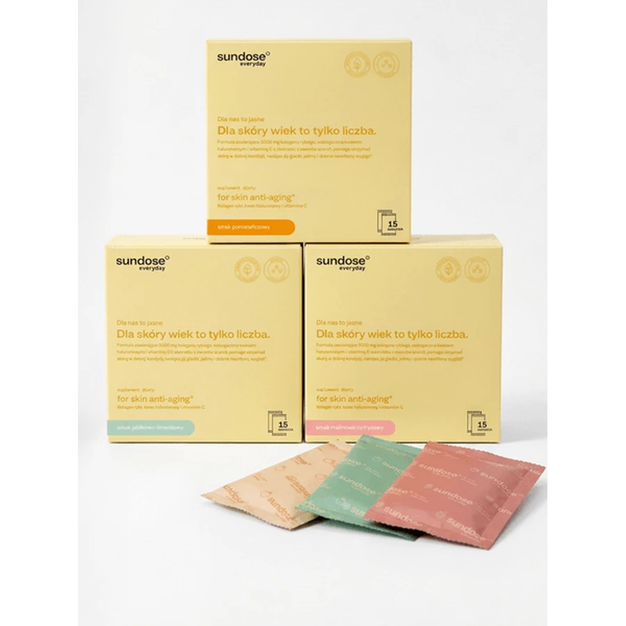 Sundose Everyday For Skin Anti-Aging, sachets de poudre, goût framboise et citron, 15 pièces.