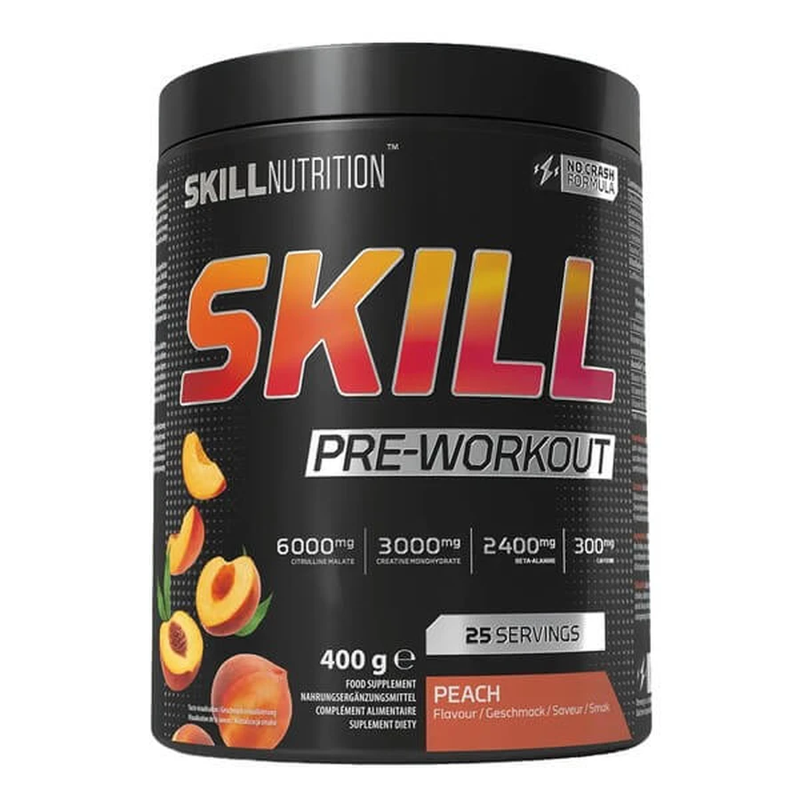 Skill Nutrition Skill Pre-Workout, powder, peach flavor, 400 g