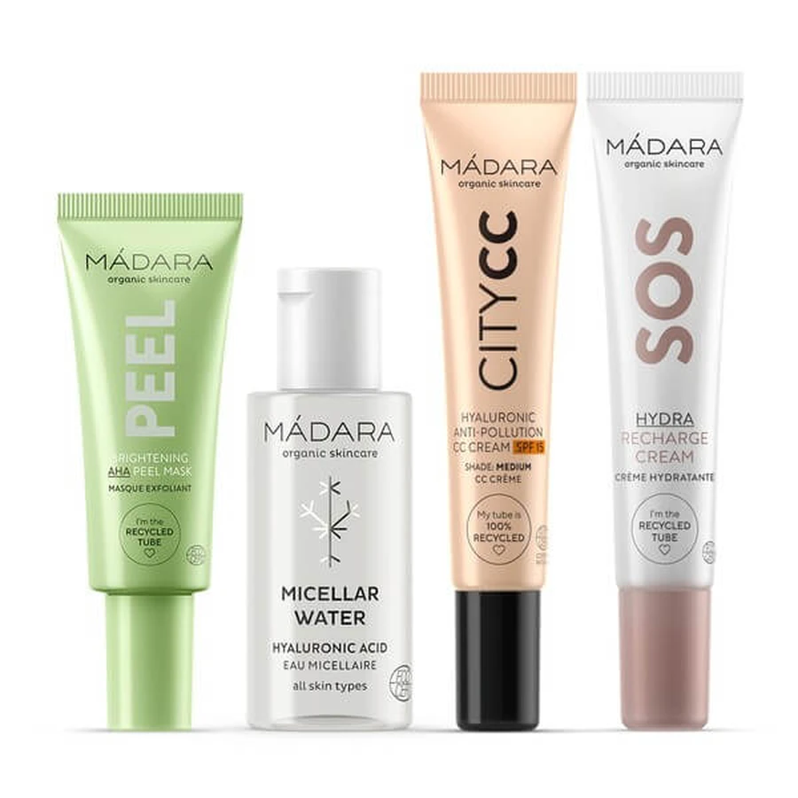 Madara The Icons Set Medium, agua micelar, 50 ml + mascarilla iluminadora con ácidos AHA, 17 ml + crema facial, 15 ml + CC cream SPF15, 15 ml