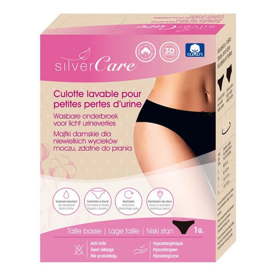 Silver Care, biancheria intima da donna per incontinenza leggera, a vita bassa, S, nera, 1 pz.