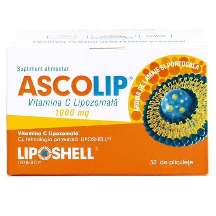 Ascolip Vitamina C Liposomal con sabor a naranja, 1000 mg, 30 sobres, Liposhell