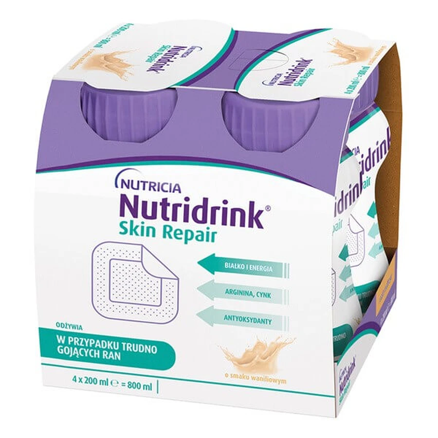 3er-Set Nutridrink Skin Repair, Vanille-Geschmack, flüssig, 4 x 200 ml + INTENO Soft Care, Pflegetücher, 10 Stück.