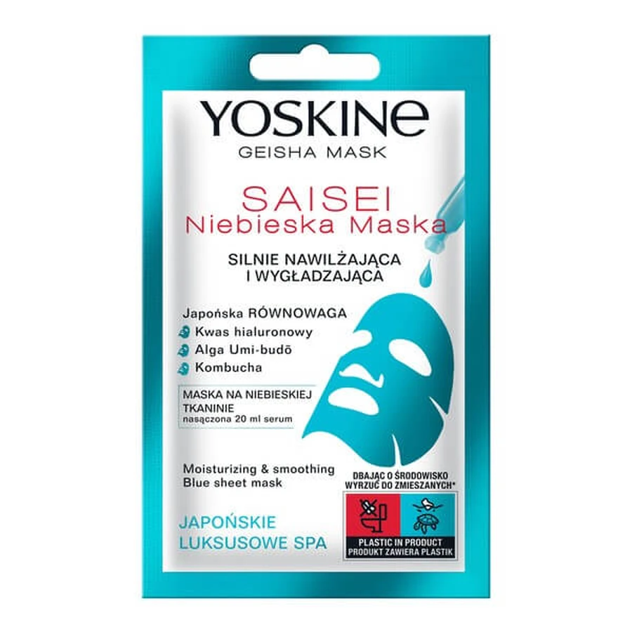 Yoskine Geisha Mask Saisei, mască textilă albastră, foarte hidratantă și netezitoare, 20 ml