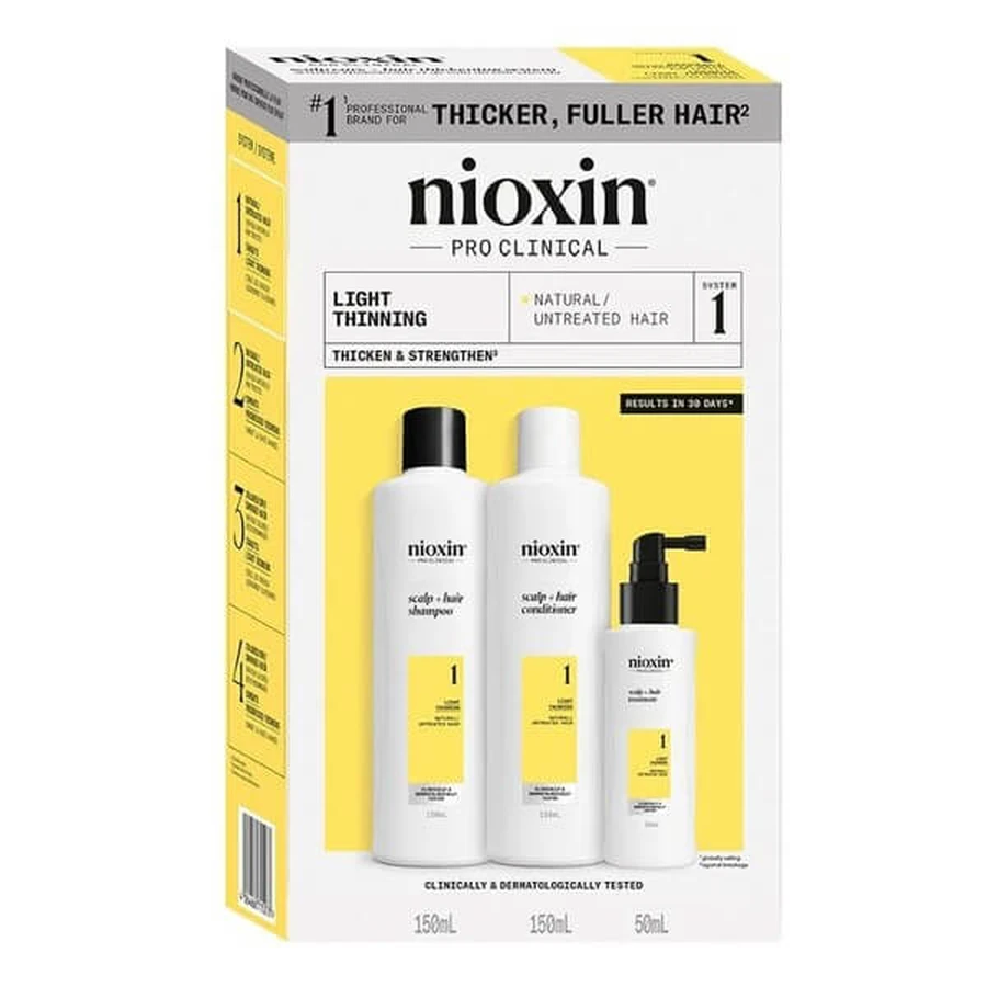 Nioxin System 1, set per rinforzare i capelli naturali e leggermente diradati, shampoo 150 ml + balsamo 150 ml + siero 50 ml