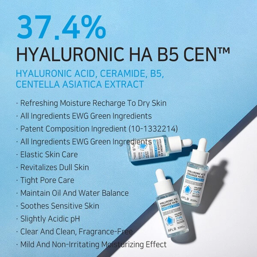 APLB Hyaluronzuur Ceramide HA B5 Ampul, vochtinbrengend serum voor het gezicht met hyaluronzuur, ceramiden en vitamine B5, 40 ml
