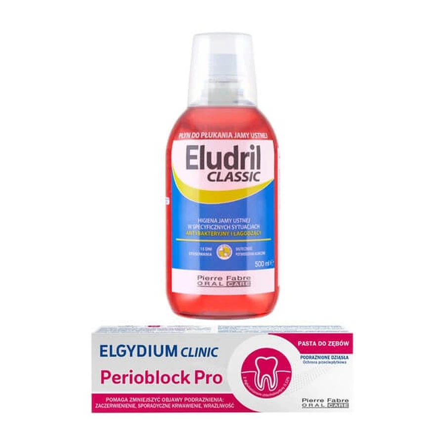 Set Eludril Classic, mondwater, 500 ml + Elgydium Clinic Perioblock Pro, tandpasta, 50 ml
