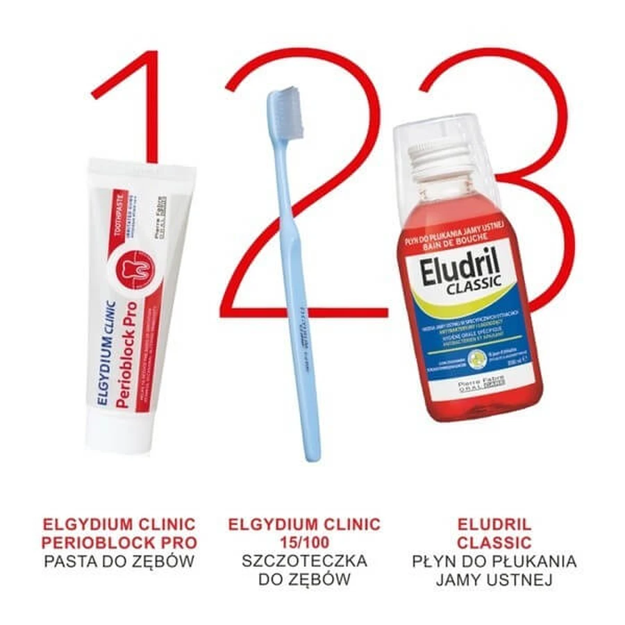 Set Eludril Classic, mondwater, 500 ml + Elgydium Clinic Perioblock Pro, tandpasta, 50 ml