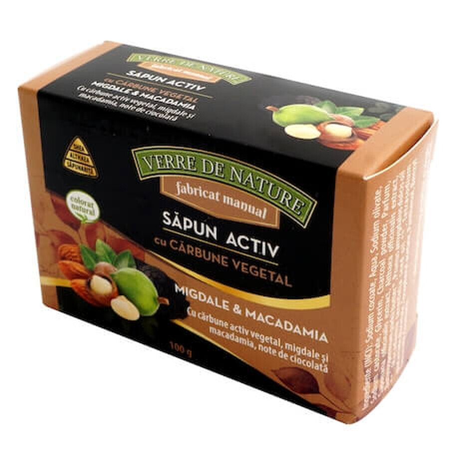 Jabón activo con notas de carbón vegetal, almendra, macadamia y chocolate 100 g, Verre de Nature