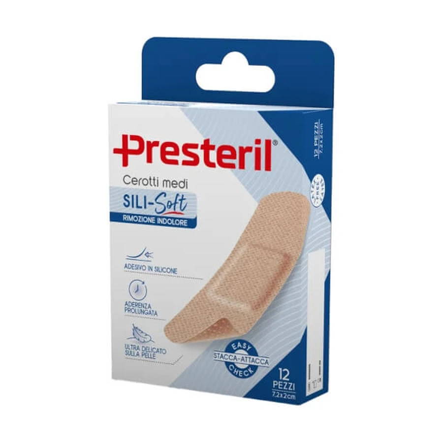 Esparadrapos cutáneos PRESTERIL Sili-Soft 7,2x2 cm - 12 unidades
