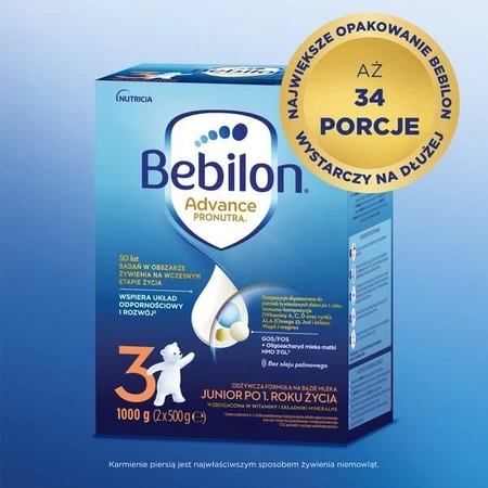 Set de 2x Bebilon Advance Pronutra 3 Junior, formulă pe bază de lapte după vârsta de 1 an, pulbere, 1000 g
