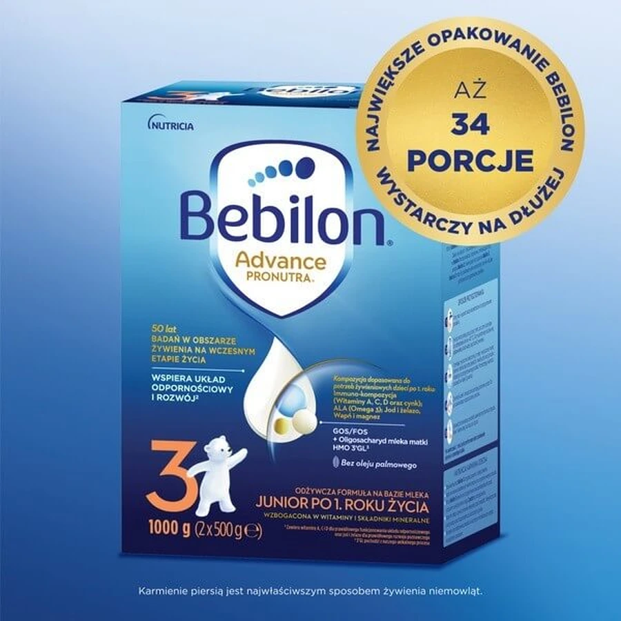 Set de 2x Bebilon Advance Pronutra 3 Junior, formulă pe bază de lapte după vârsta de 1 an, pulbere, 1000 g