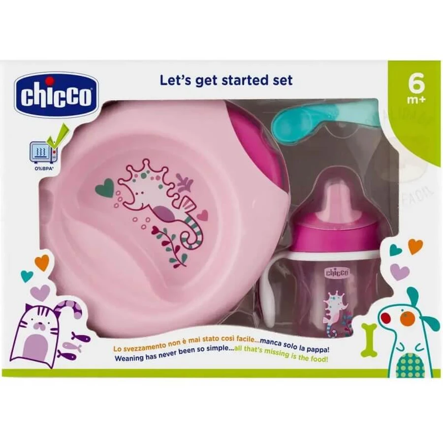 Chicco zestaw do jedzenia dla niemowląt 6 miesięcy+ talerzyk, łyżeczka i kubek różowy: ceny i cechy