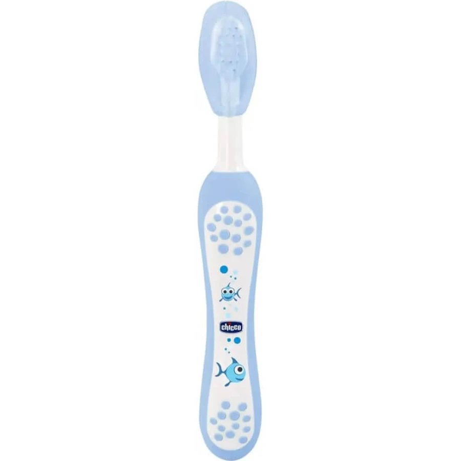 Chicco blauw mondhygiëne etui met tandenborstel + tandpasta aardbei 12m+
