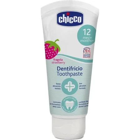 Chicco blauw mondhygiëne etui met tandenborstel + tandpasta aardbei 12m+