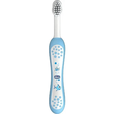 Chicco blauw mondhygiëne etui met tandenborstel + tandpasta aardbei 12m+