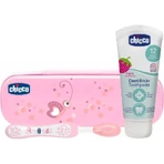 Chicco blauw mondhygiëne etui met tandenborstel + tandpasta aardbei 12m+