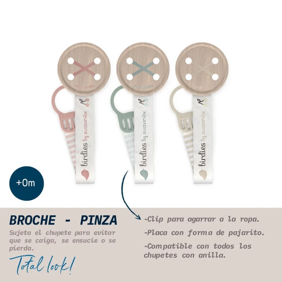 Suavinex birdies - neutral fabric pacifier clip