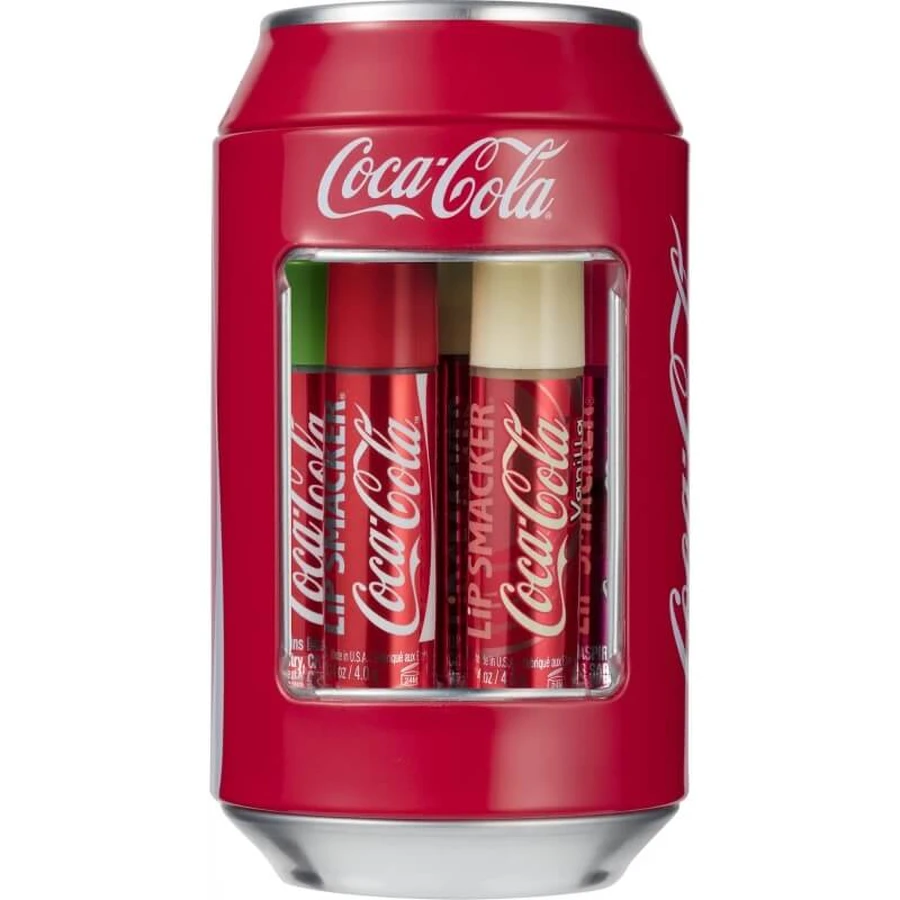 Lippenpflegestift Metalldose mit 6 Coca-Cola-Lippenpflegestiften in verschiedenen Duftrichtungen