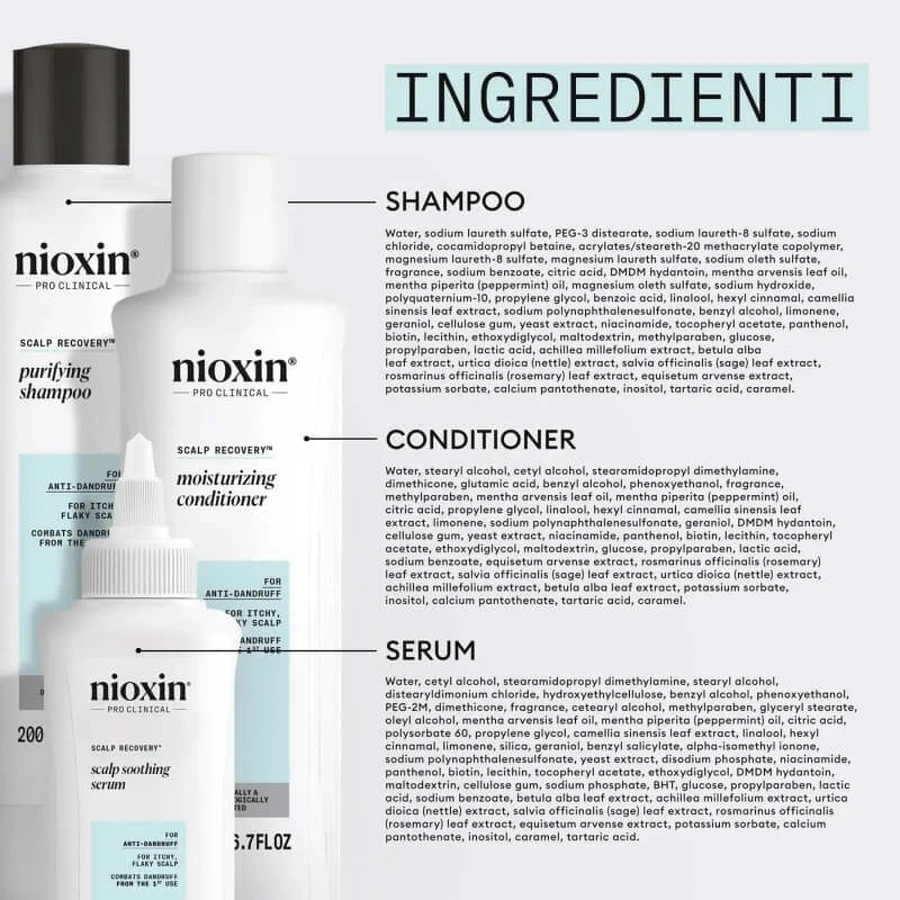 Kit de recuperare a scalpului Nioxin - șampon anti-mătreață 200 ml + balsam 200 ml + ser 100 ml