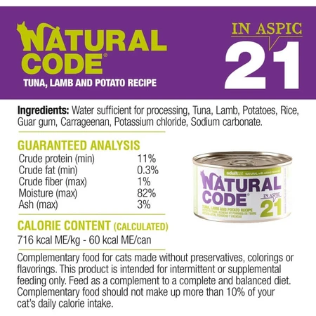 Natural code 21 atún, cordero y patatas - alimento completo para gatos adultos 85 gr.