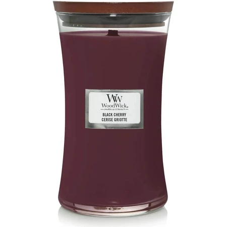 Woodwick Black cherry - duża świeca zapachowa w kształcie klepsydry 609 g: ceny i cechy