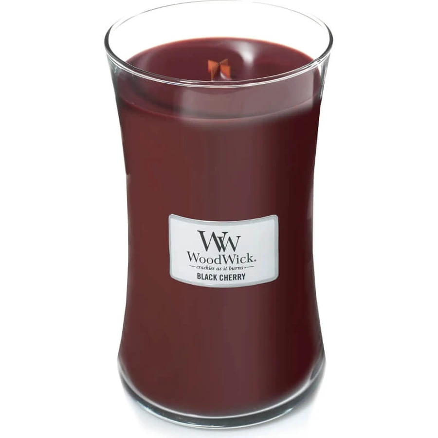 Woodwick Black cherry - duża świeca zapachowa w kształcie klepsydry 609 g: ceny i cechy