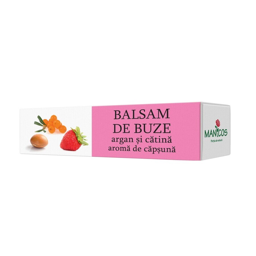 Balsam de buze cu ulei de argan, catina si aroma de capsuna 4.8g, Manicos