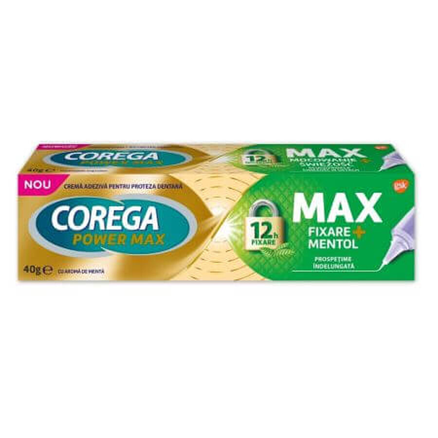 Max Fixation + Crema adhesiva para prótesis dentales, Mentol, 40 gr, Corega