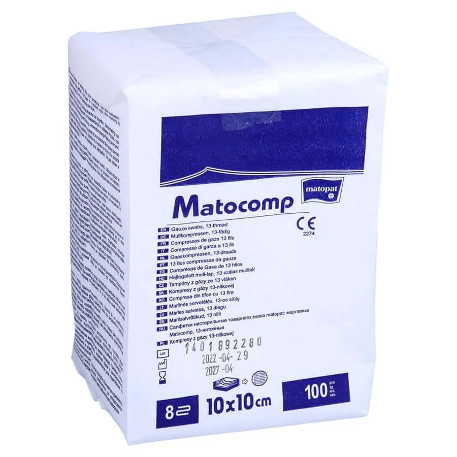 Compresses de gaze, 10 x 10 cm, non blanchies, 8 plis, 13 fils, 100 pièces