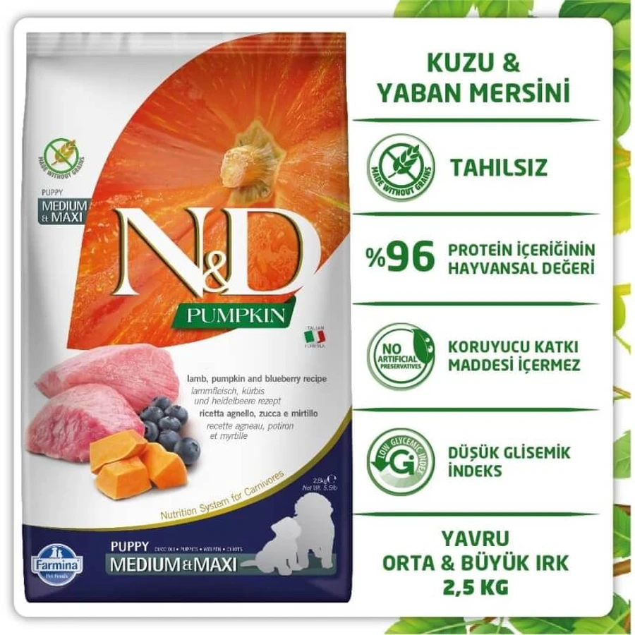 Farmina N&amp;d Pumpkin Puppy Medium &amp; Maxi z jagnięciną – kompletna karma dla szczeniąt, 2,5 kg: ceny i cechy