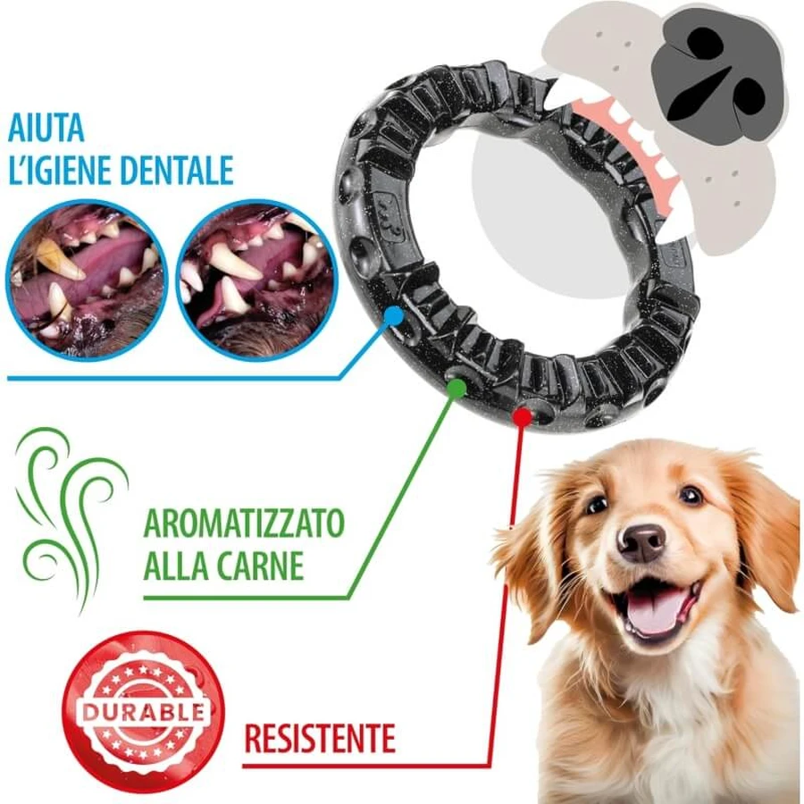 Ferplast Smile Large – pierścień dentystyczny z kryształkami wodorowęglanu i aromatem mięsnym, przeznaczony do higieny jamy ustnej u psów średniej wielkości: ceny i cechy