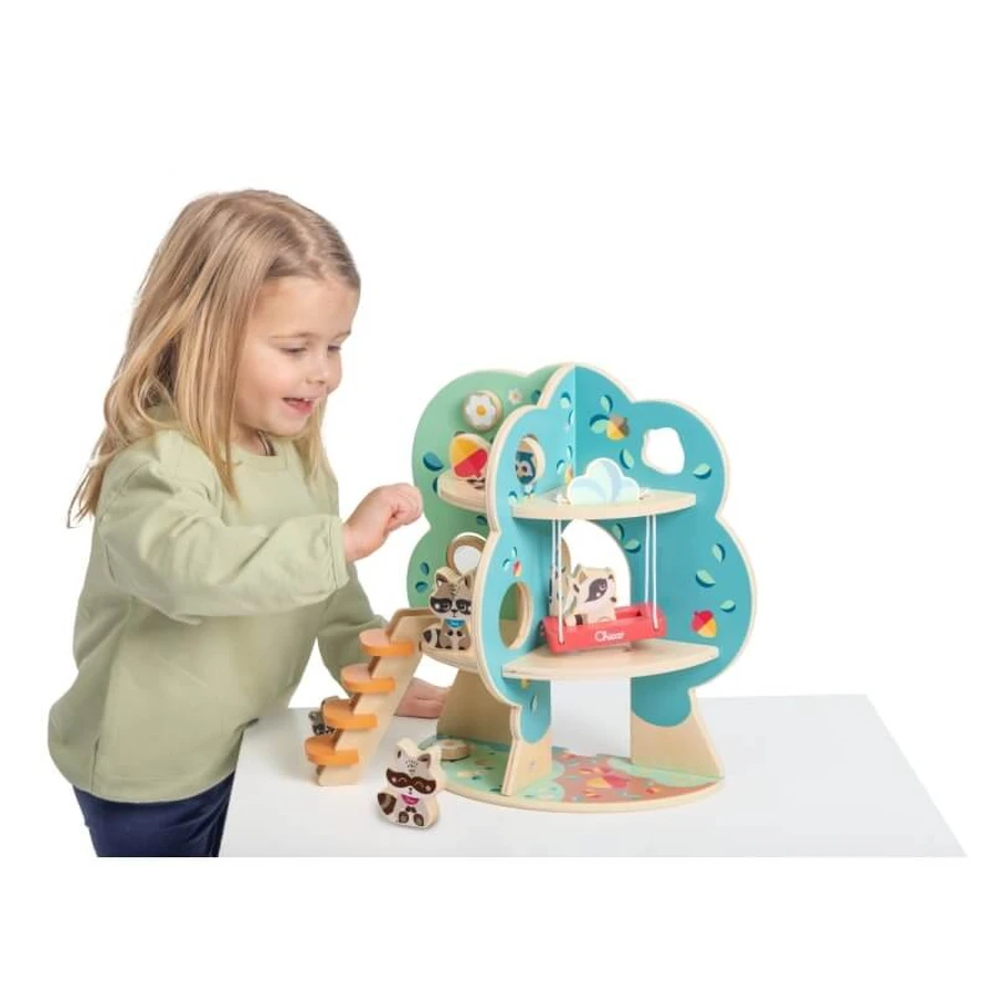 Árbol grande de los mapaches de Chicco: juego de juguetes de madera con 4 mapaches y 10 accesorios
