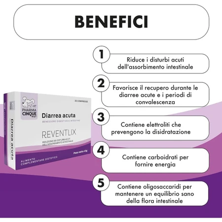Pharma Cinque Pet Reventlix – supliment alimentar pentru câini și pisici, indicat în cazul tulburărilor intestinale și diareei, 30 de comprimate