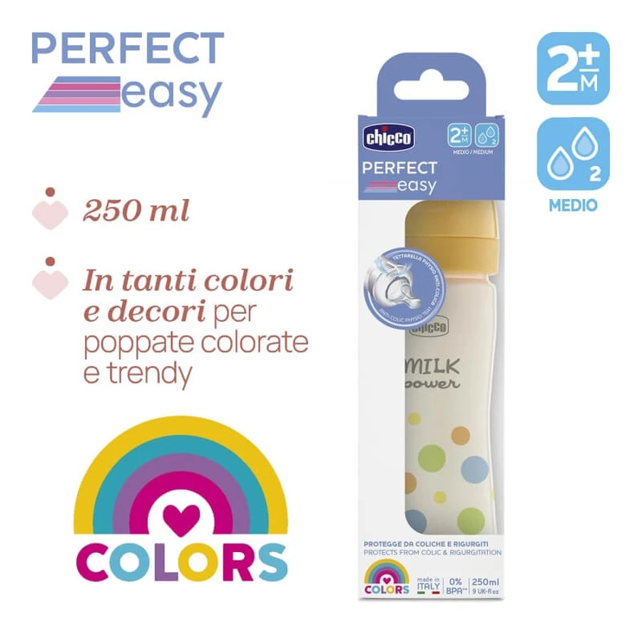 Chicco Perfect Easy - Anti-koliekfles met Soft Sense-siliconen speen, vanaf 2 maanden, gemiddelde doorstroming, 250 ml