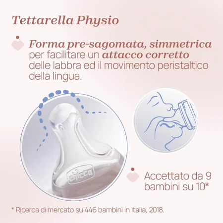 Chicco Perfect Easy – biberon din sticlă anti-colici, cu tetină din silicon Physio 0m+, debit lent, 240 ml