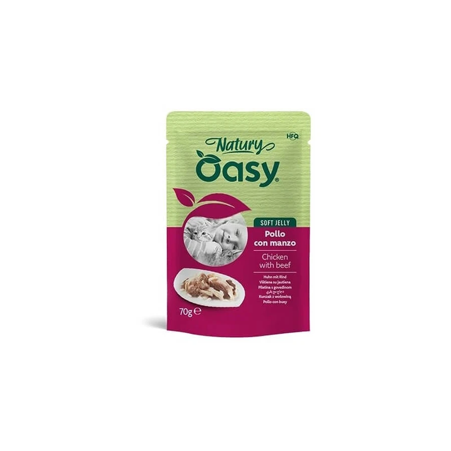 Oasy Wet cat natury soft jelly pui cu vită – hrană complementară pentru pisici adulte, 70 g
