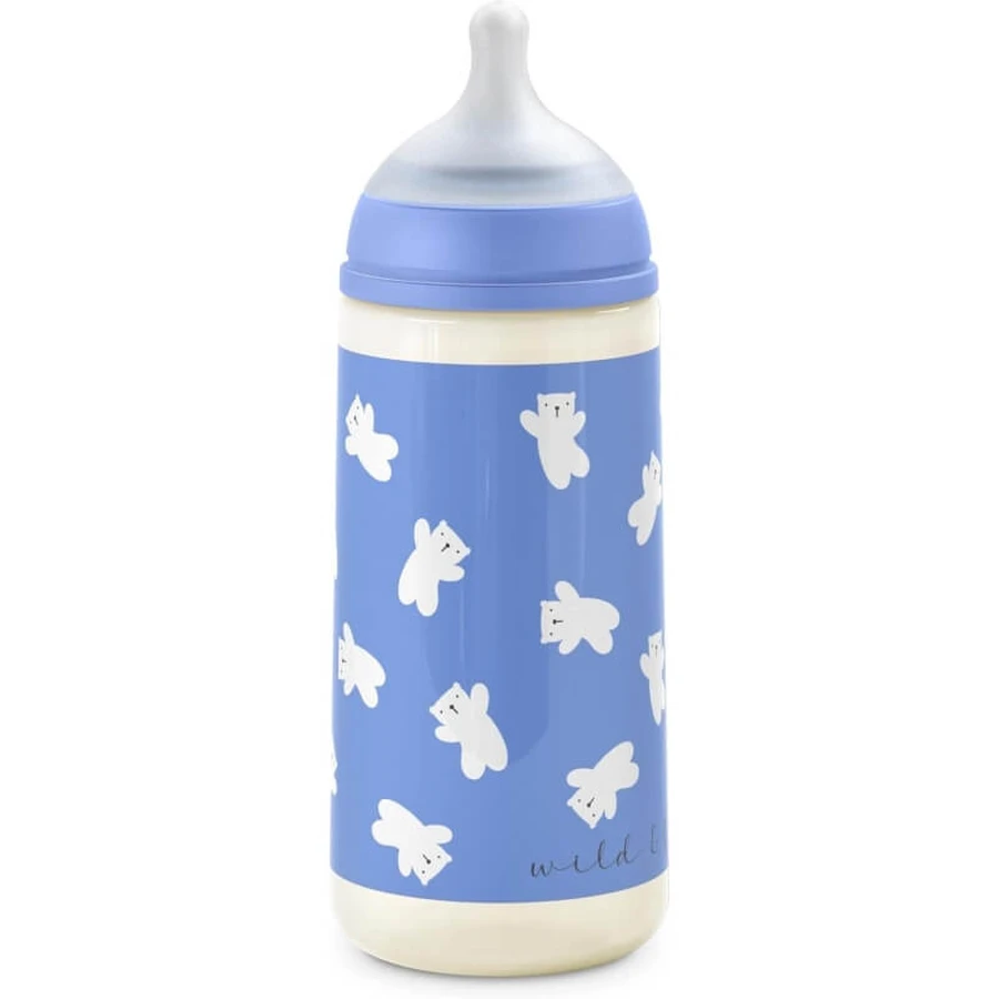 Suavinex Wild & Free - Biberón de plástico con tetina de silicona, SX Pro, flujo lento, anticólicos, a partir de los 6 meses, azul claro, 360 ml