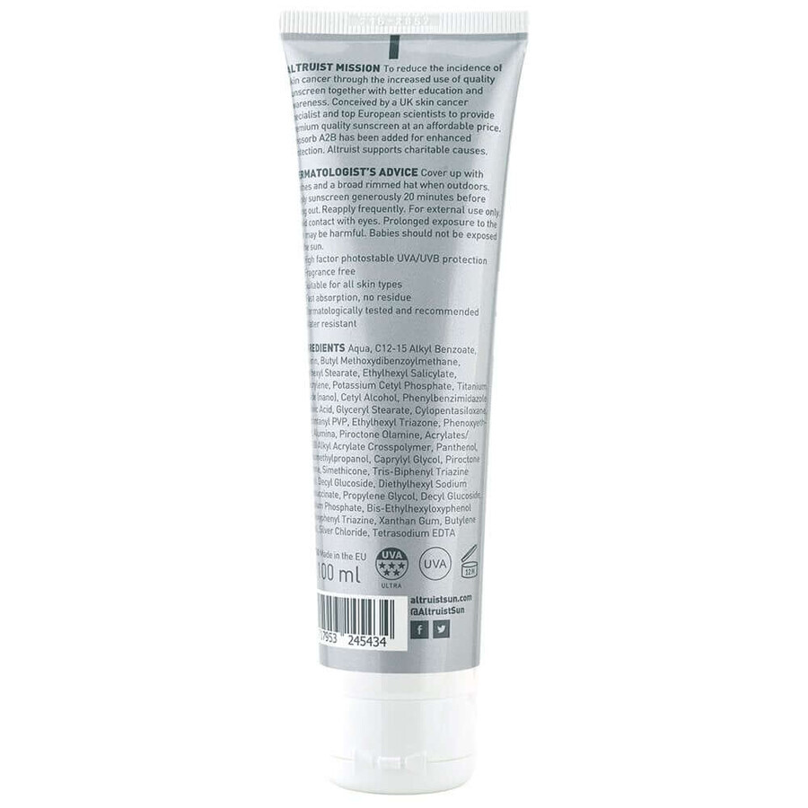 ​​​​​​​Dermatologist Sunscreen SPF50 Crema Protezione Ipoallergenica, 100 ml, Altruist