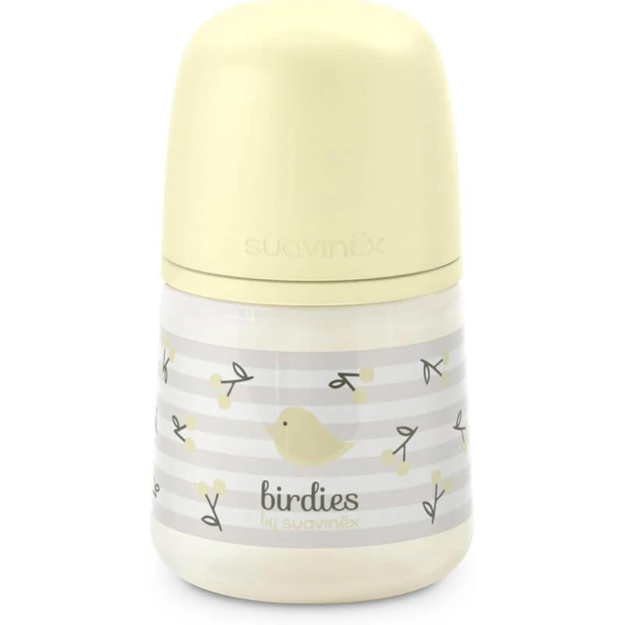 Suavinex Birdies - Biberón con tetina de silicona anticólicos SX Pro, a partir de 0 meses, color neutro, 150 ml