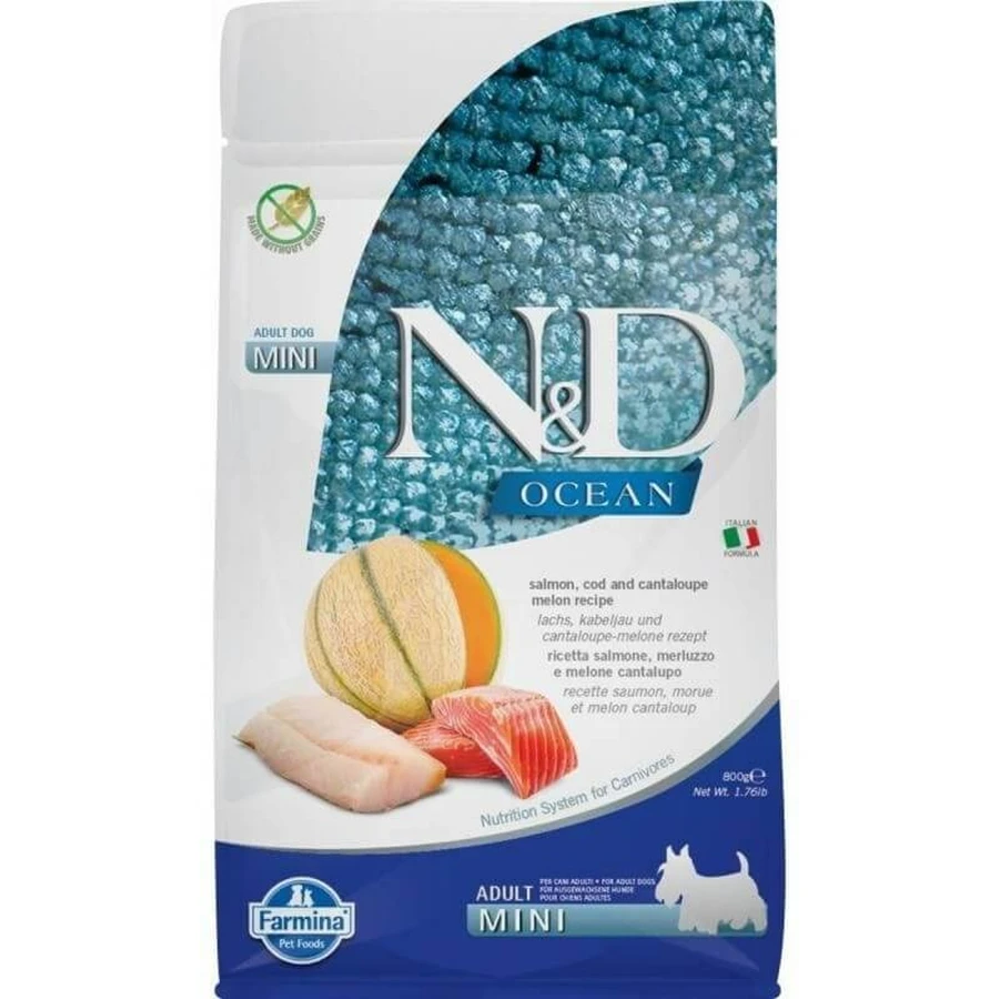 Farmina N&amp;d Ocean Adult Mini Zalm, Kabeljauw en Meloen - Compleet voer voor volwassen honden van kleine rassen, 800 g