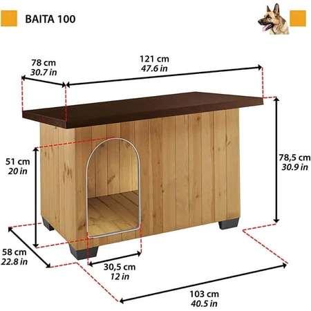 Ferplast Baita 100 - Hondenhok voor buiten, gemaakt van duurzaam hout, met een waterdicht dak en geïsoleerde pootjes, 101 x 56,5 x 64 cm