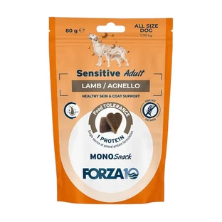 Forza10 Mono snack sensitive adult cu miel – hrană complementară pentru câini adulți cu sensibilitate alimentară, 80 g