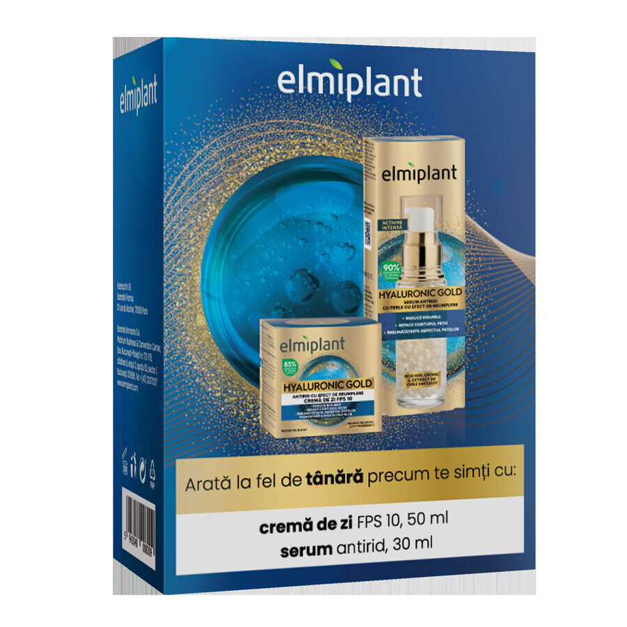 Pachet Hyaluronic Gold cremă de zi + ser, 50 ml + 30 ml, Elmiplant