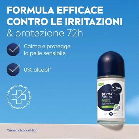 Nivea Derma Control Sensitive – deodorant antiperspirant roll-on cu protecție de 72 de ore, fără alcool, 50 ml