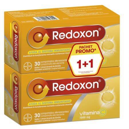 Pachet Redoxon Vitamina C 1000 mg cu aroma de lamaie, 1+1, 30+30 comprimate efervescente, Bayer