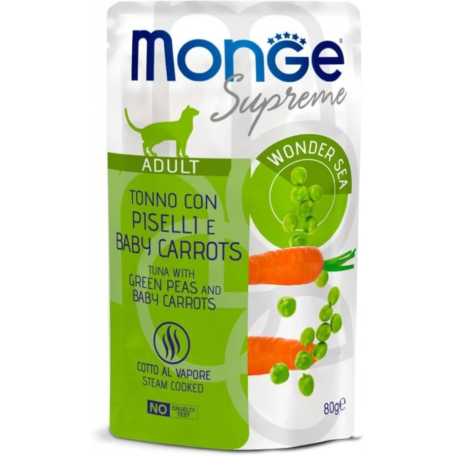 Monge Supreme pentru pisici adulte, cu ton, mazăre și morcovi baby – hrană complementară pentru pisici adulte, 80 g